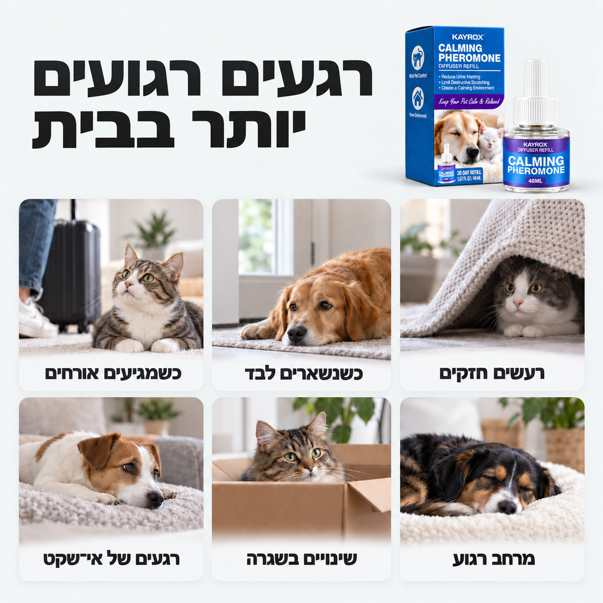 מפיץ מרגיע לתמיכה בחיות מחמד במצבי מתח וחרדה